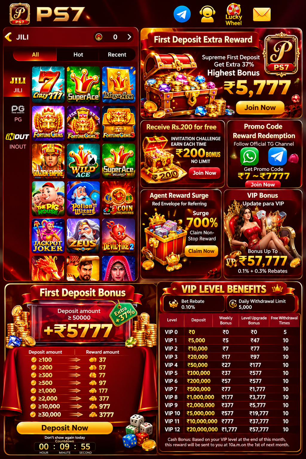 PS7 Game homepage dashboard showing JILI slots, first deposit bonus, VIP rewards, promotional offers, and online gaming platform interface.