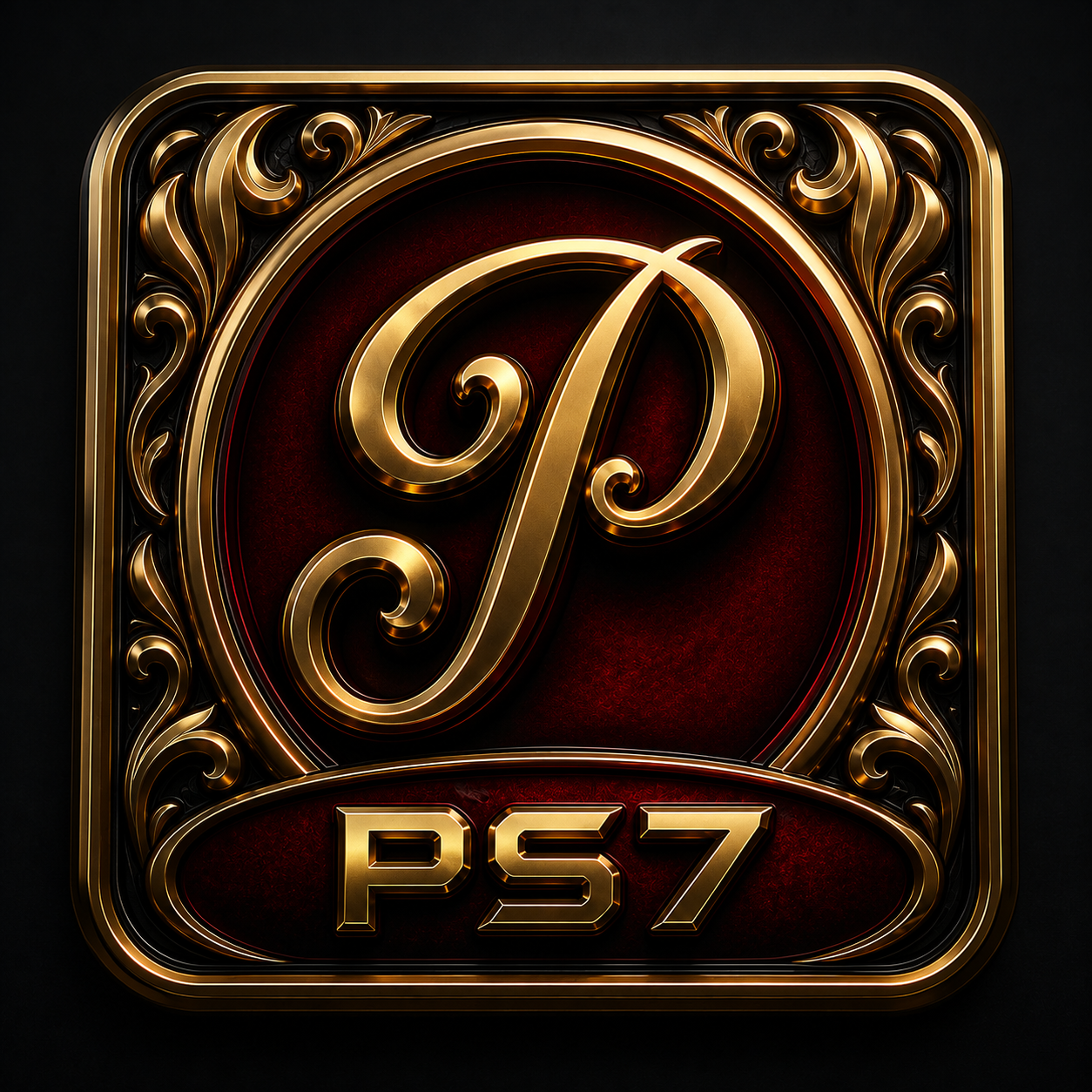 PS7 Game premium gold 3D logo with elegant letter P on a dark red and black luxury background for online gaming platform.